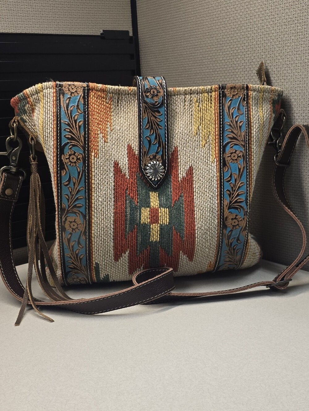 Myra Bag Southwestern Fringe Tooled Leather Crossbody Shoulder Bag